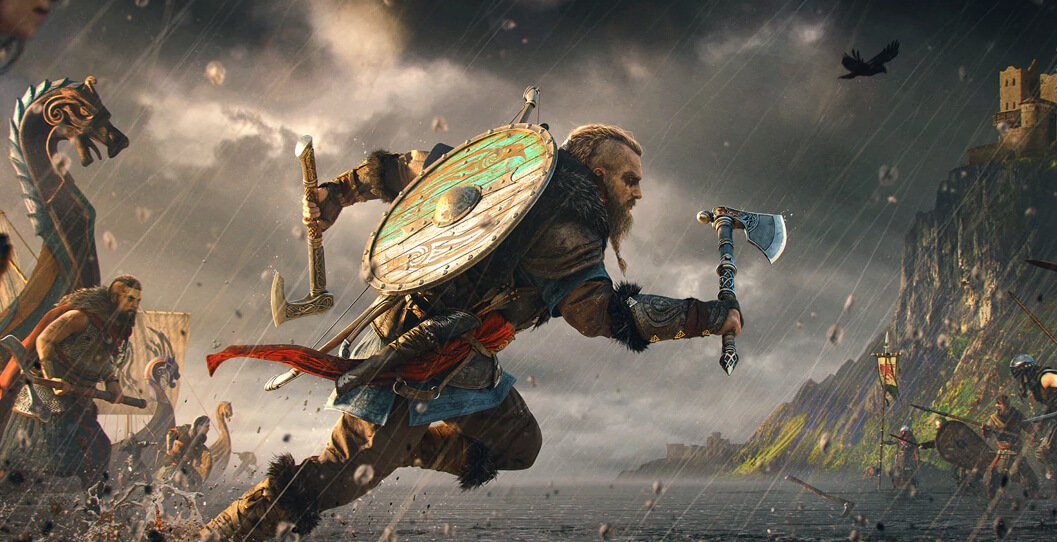 Karakter utama game Assassin’s Creed Valhalla tengah berlari sambil membawa kapak dan tameng kayu